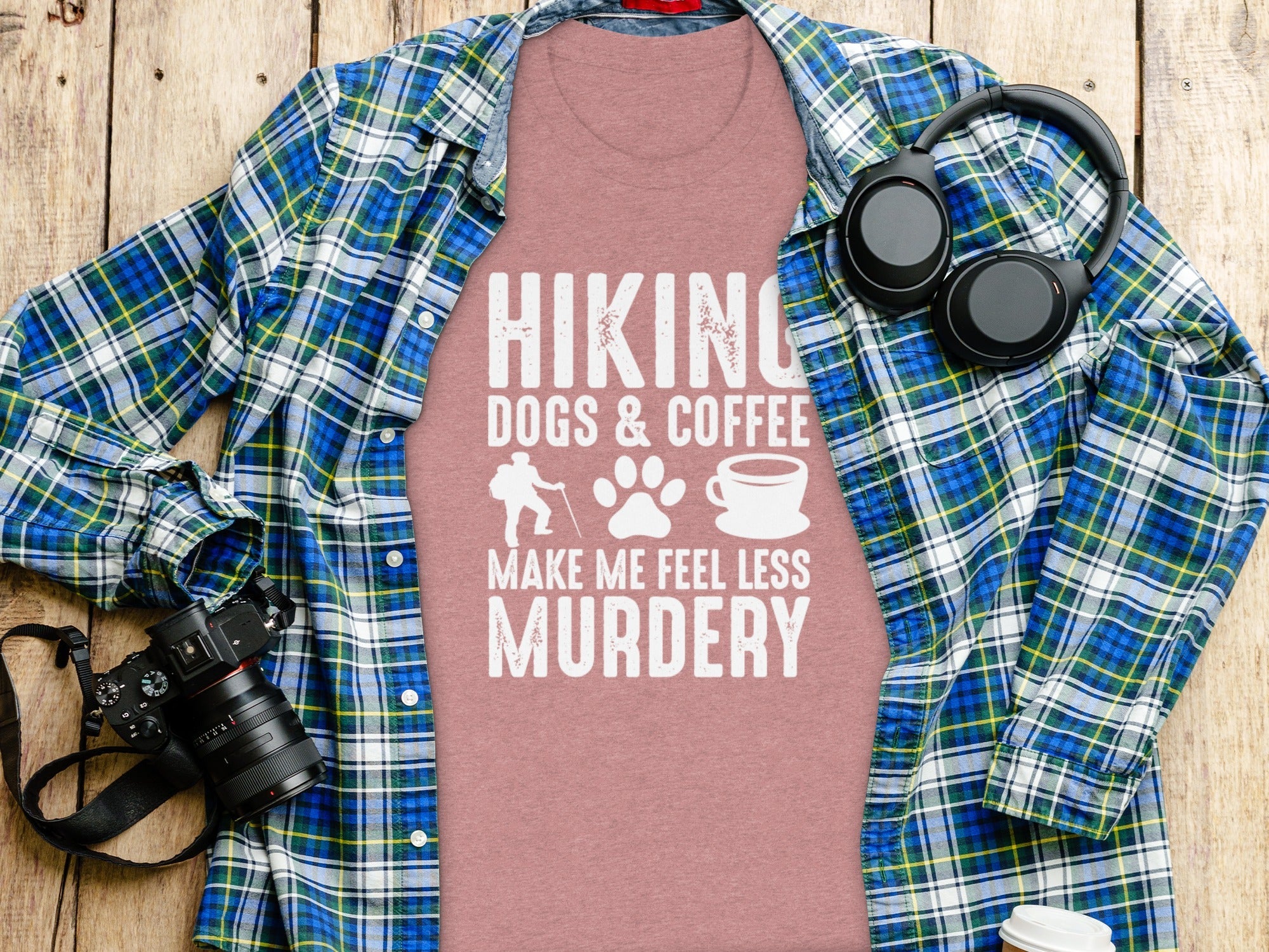Hiking Dogs Coffee Less Murdery Funny Graphic Design T-Shirt