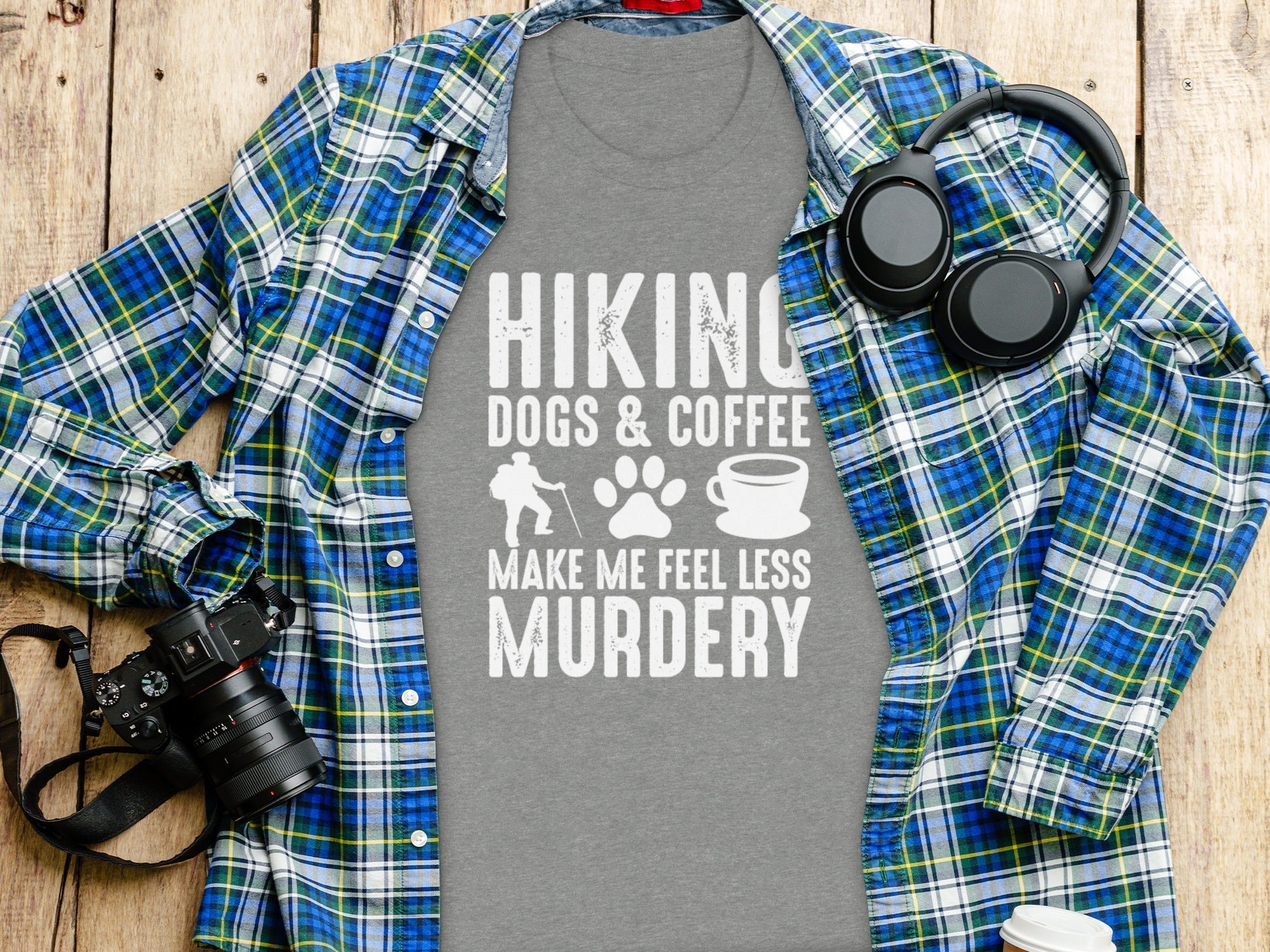 Hiking Dogs Coffee Less Murdery Funny Graphic Design T-Shirt