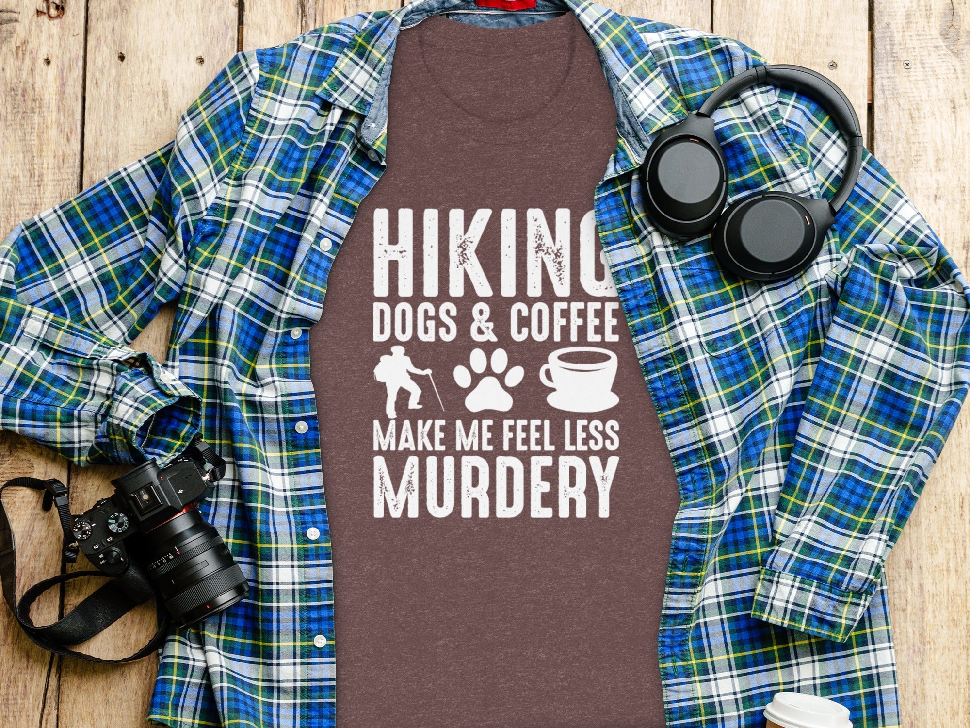 Hiking Dogs Coffee Less Murdery Funny Graphic Design T-Shirt
