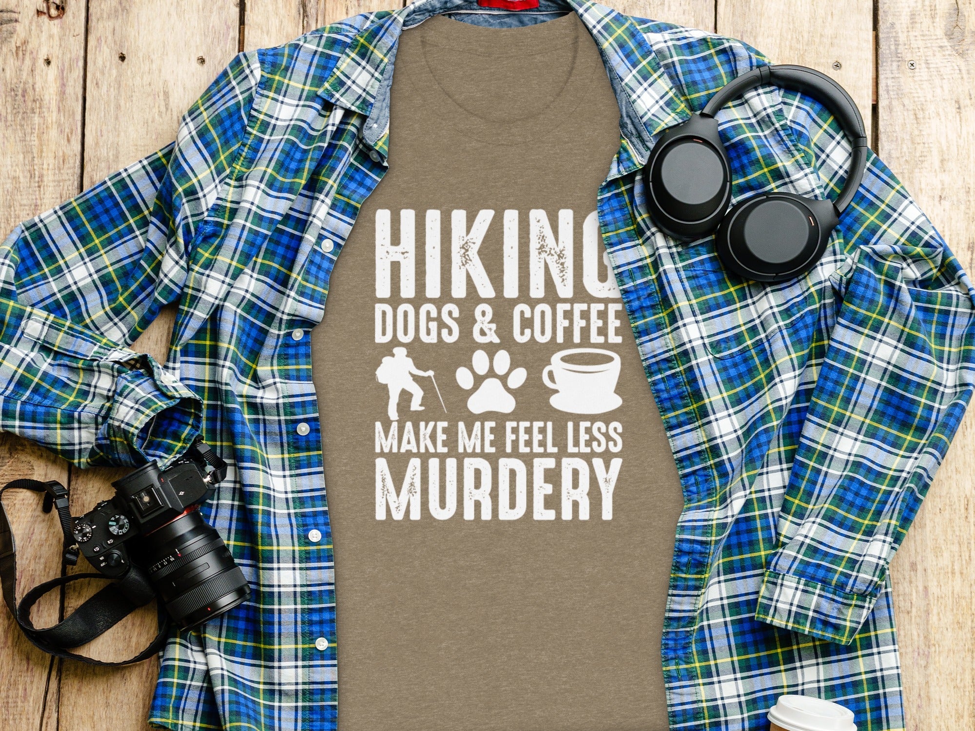 Hiking Dogs Coffee Less Murdery Funny Graphic Design T-Shirt