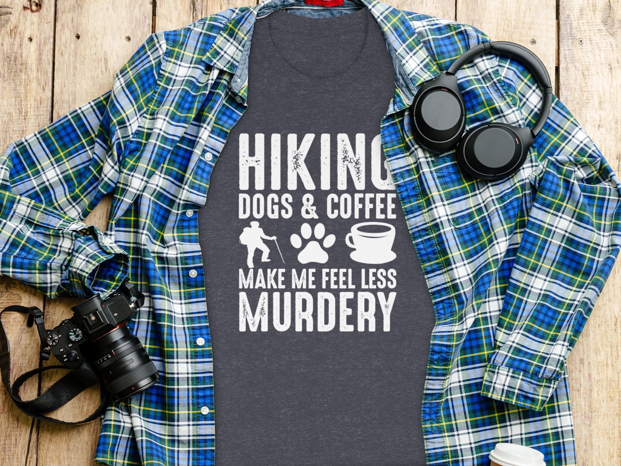 Hiking Dogs Coffee Less Murdery Funny Graphic Design T-Shirt