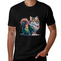 Cat Men Women Colourful Watercolour Cat  Ribbed Collar T-Shirt