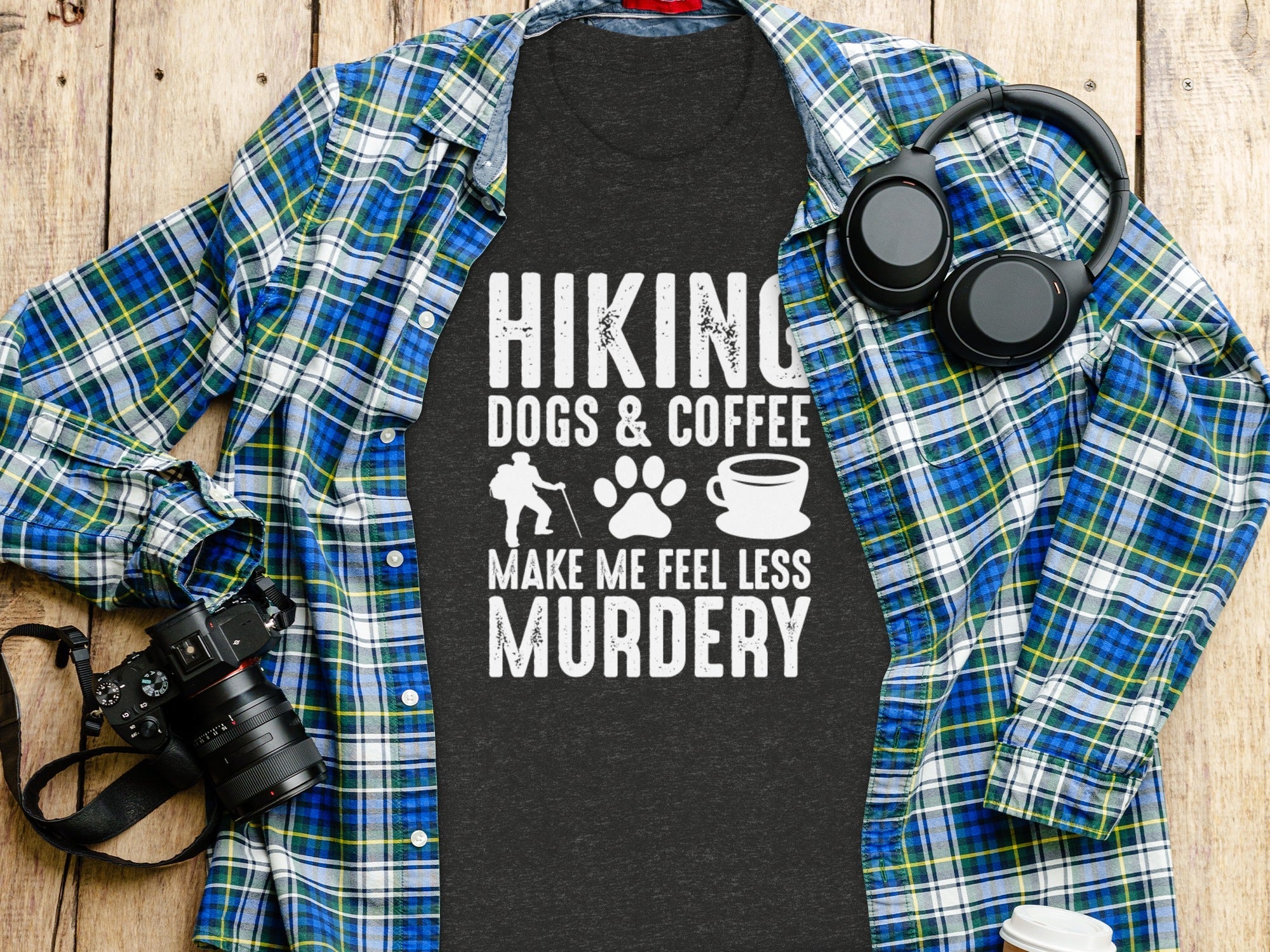 Hiking Dogs Coffee Less Murdery Funny Graphic Design T-Shirt